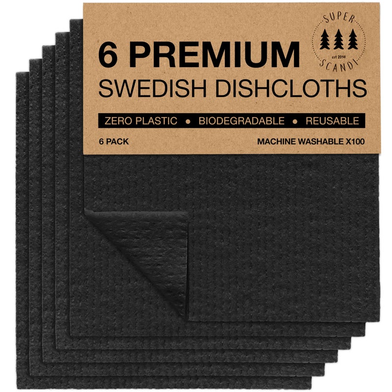 SUPERSCANDI 6 Pack Swedish Dishcloths for Kitchen - 100% Biodegradable & Compostable Reusable Paper Towels Washable, Food-Safe & Without Plastic - Dish Rags Suitable for Any Surface, Black - Image 1